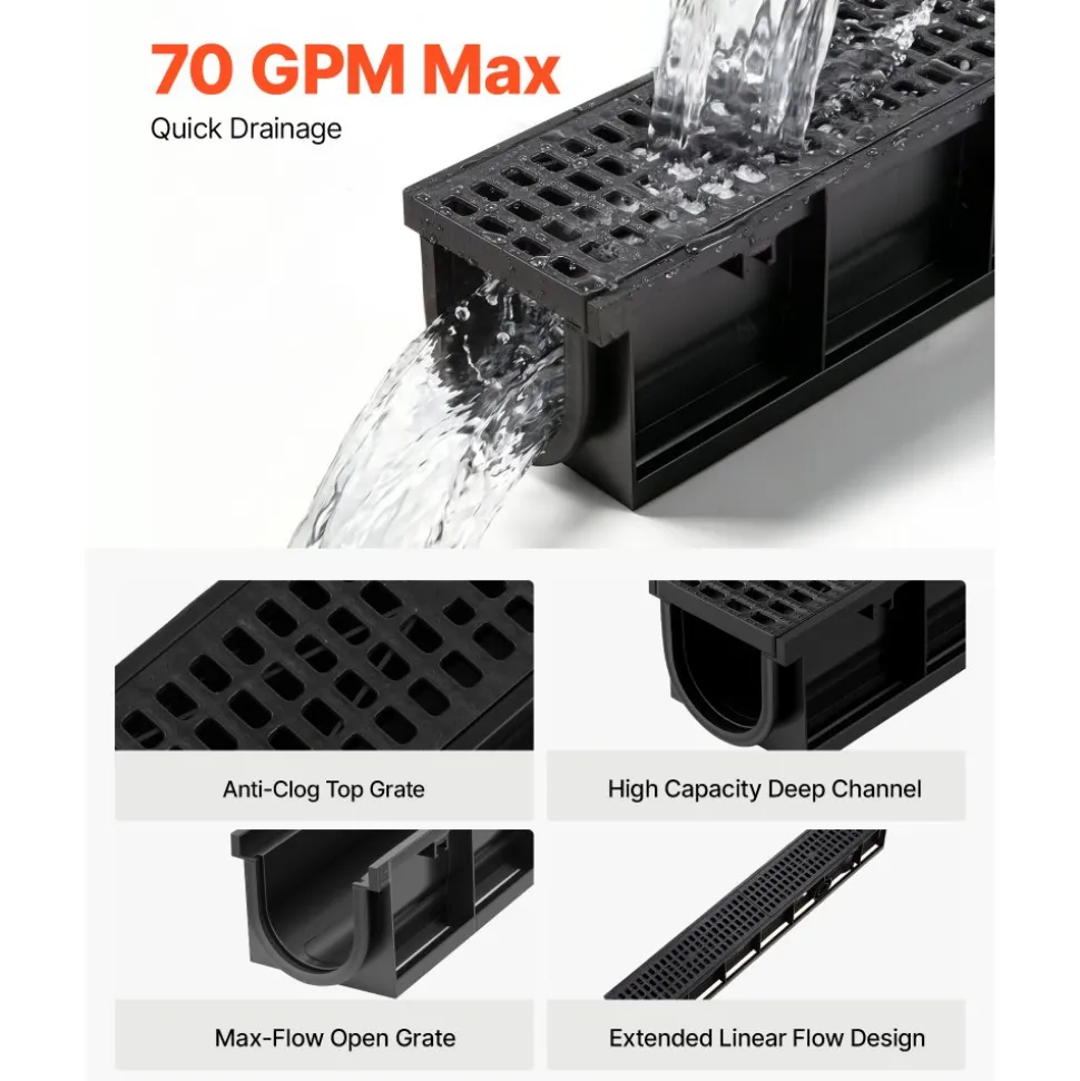 VEVOR Trench Drain, 40.2 x 6.6 x 5.5 in, 6 Pack Linear Drainage Channel, HDPE Channel Drain with Grates & End Caps, Premium Outdoor Drainage System for Driveway, Patio, Pool, Garden, Yard, Black