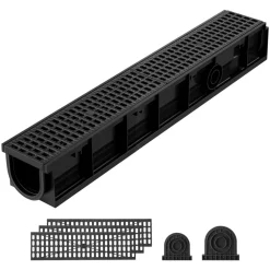 VEVOR Trench Drain, 40.2 x 6.6 x 5.5 in, 3 Pack Linear Drainage Channel, HDPE Channel Drain with Grates & End Caps, Premium Outdoor Drainage System for Driveway, Patio, Pool, Garden, Yard, Black