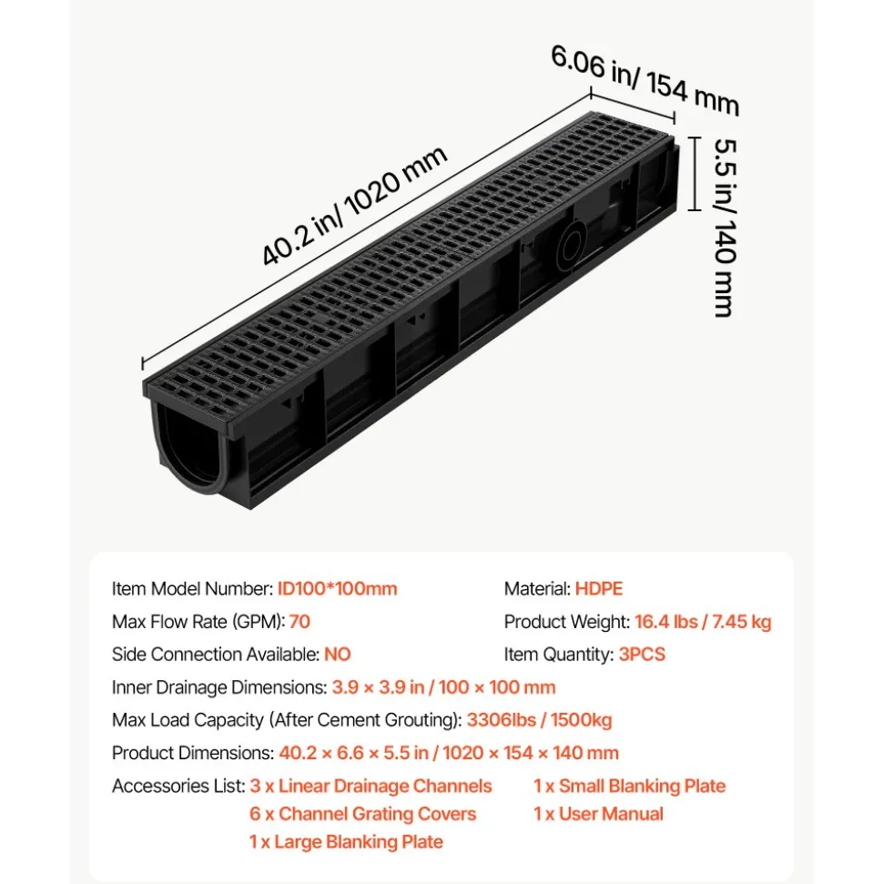 VEVOR Trench Drain, 40.2 x 6.6 x 5.5 in, 3 Pack Linear Drainage Channel, HDPE Channel Drain with Grates & End Caps, Premium Outdoor Drainage System for Driveway, Patio, Pool, Garden, Yard, Black