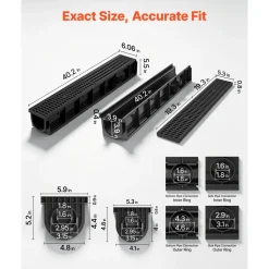 VEVOR Trench Drain, 40.2 x 6.6 x 5.5 in, 3 Pack Linear Drainage Channel, HDPE Channel Drain with Grates & End Caps, Premium Outdoor Drainage System for Driveway, Patio, Pool, Garden, Yard, Black