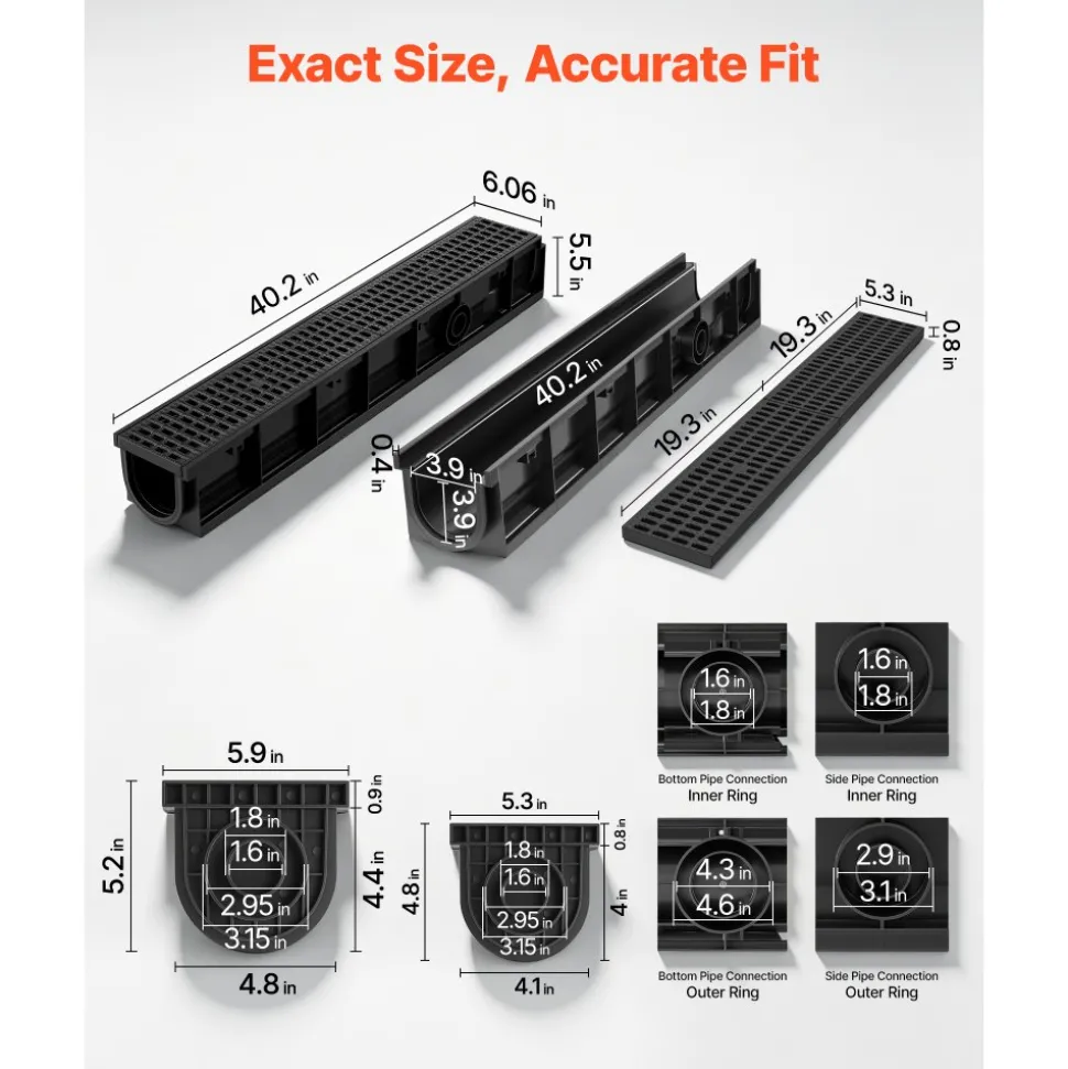 VEVOR Trench Drain, 40.2 x 6.6 x 5.5 in, 3 Pack Linear Drainage Channel, HDPE Channel Drain with Grates & End Caps, Premium Outdoor Drainage System for Driveway, Patio, Pool, Garden, Yard, Black