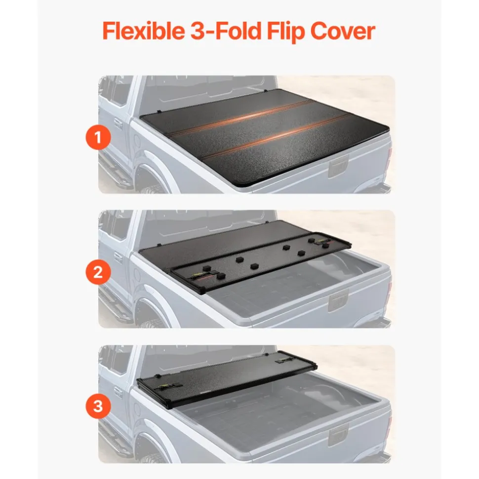 VEVOR Tri-Fold Truck Bed Tonneau Cover, Compatible with 2015-2024 Ford F-150, 6.5' (79") Bed, Only Fit 6.5' x 5.4' (79" x 65.2") Inside Bed, 400 lbs Load Capacity, LED Light, Quick Folding, Black