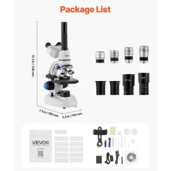 VEVOR Trinocular Microscope, 40-5000X Magnification, Professional Compound Microscope for Adult with Phone Adapter, LED Light, Aluminum Alloy Body, for Lab, School, Home, Education