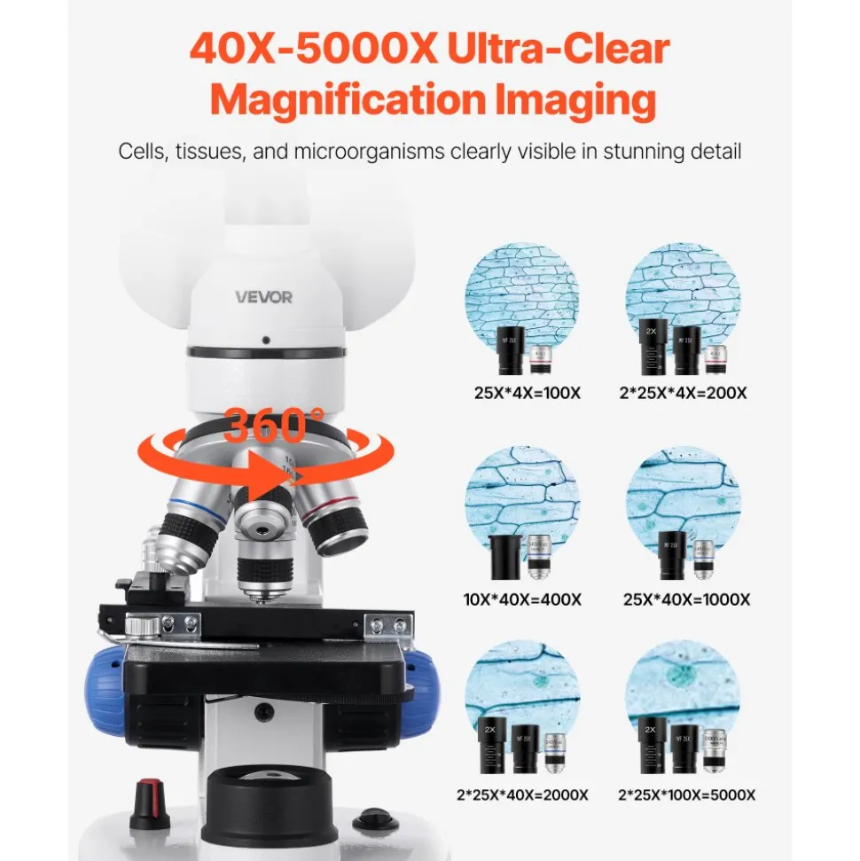 VEVOR Trinocular Microscope, 40-5000X Magnification, Professional Compound Microscope for Adult with Phone Adapter, LED Light, Aluminum Alloy Body, for Lab, School, Home, Education