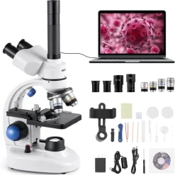 VEVOR Trinocular Microscope, 40-5000X Magnification, Professional Compound Microscope for Adult with Phone Adapter, LED Light, Aluminum Alloy Body, for Lab, School, Home, Education