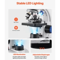 VEVOR Trinocular Microscope, 40-5000X Magnification, Professional Compound Microscope for Adult with Phone Adapter, LED Light, Aluminum Alloy Body, for Lab, School, Home, Education