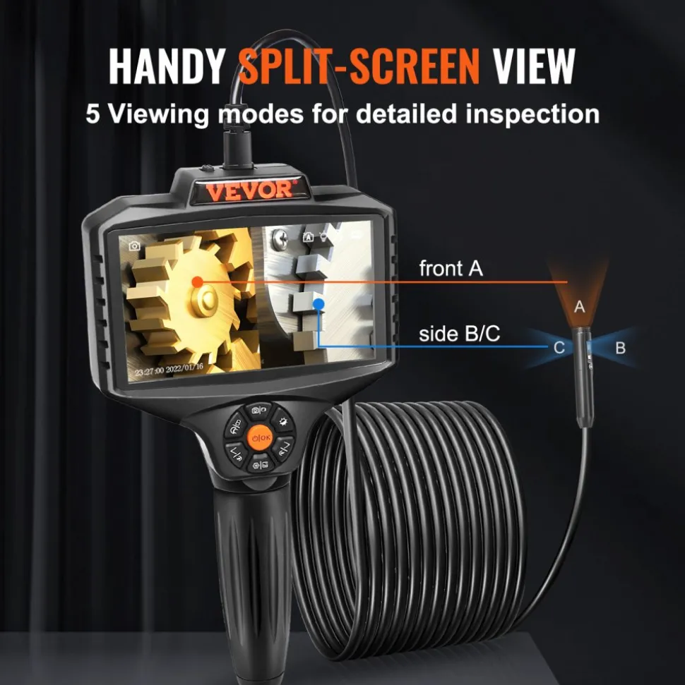 VEVOR Triple Lens Borescope, 5" IPS Screen Inspection Camera with Lights, 8X Zoom 1080P HD Split Screen, 10 LED Lights Scope Endoscope Camera for Automotive, Plumbing(16.5FT Cable, 32GB Card)
