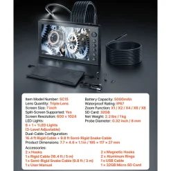 VEVOR Triple Lens Endoscope with Dual-Cable Setup, Industrial Borescope with Light, 7