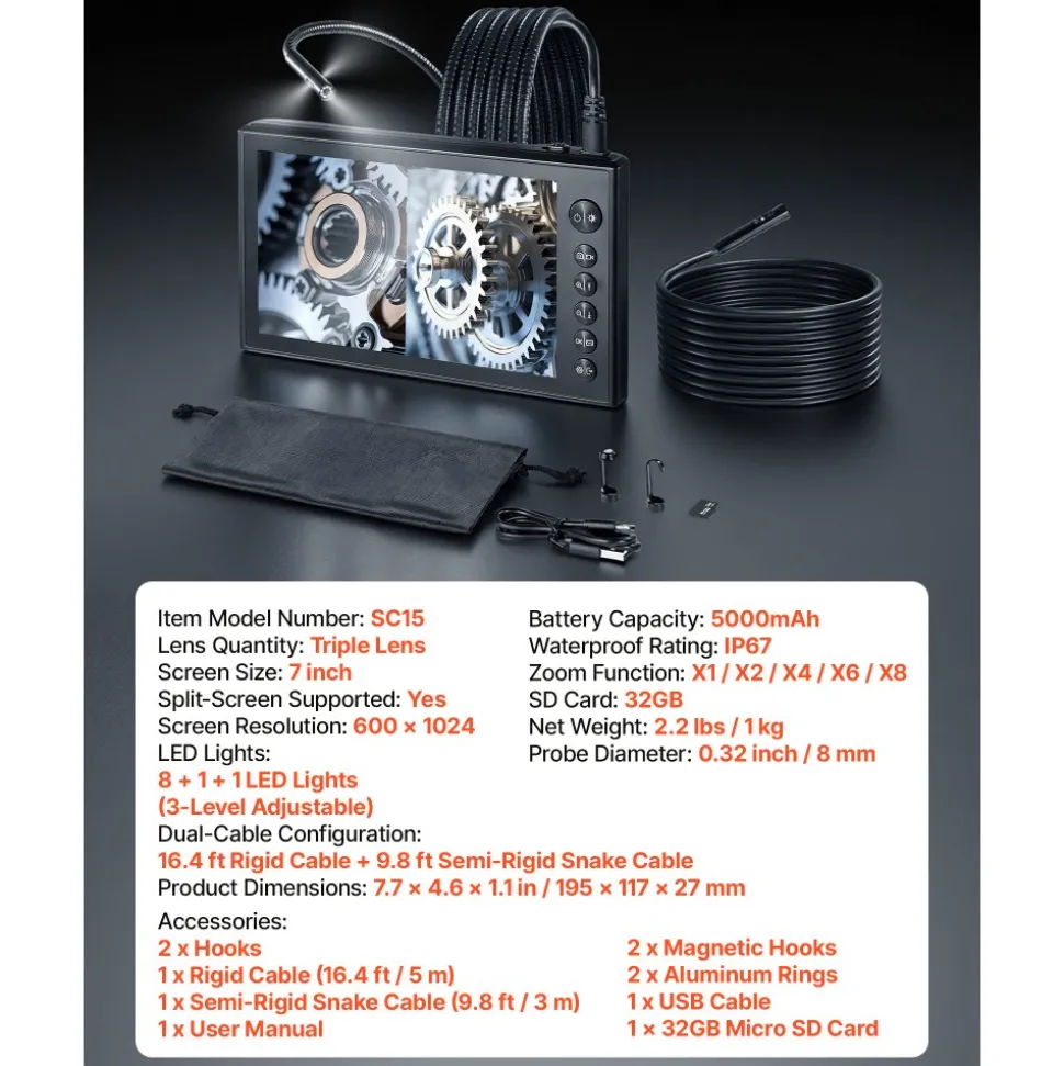 VEVOR Triple Lens Endoscope with Dual-Cable Setup, Industrial Borescope with Light, 7" HD IPS Spilt-Screen, 8 + 2 LEDs, 8X Zoom, IP67 Waterproof Snake Camera for Auto, Plumbing (16.4FT + 9.8FT Cables)
