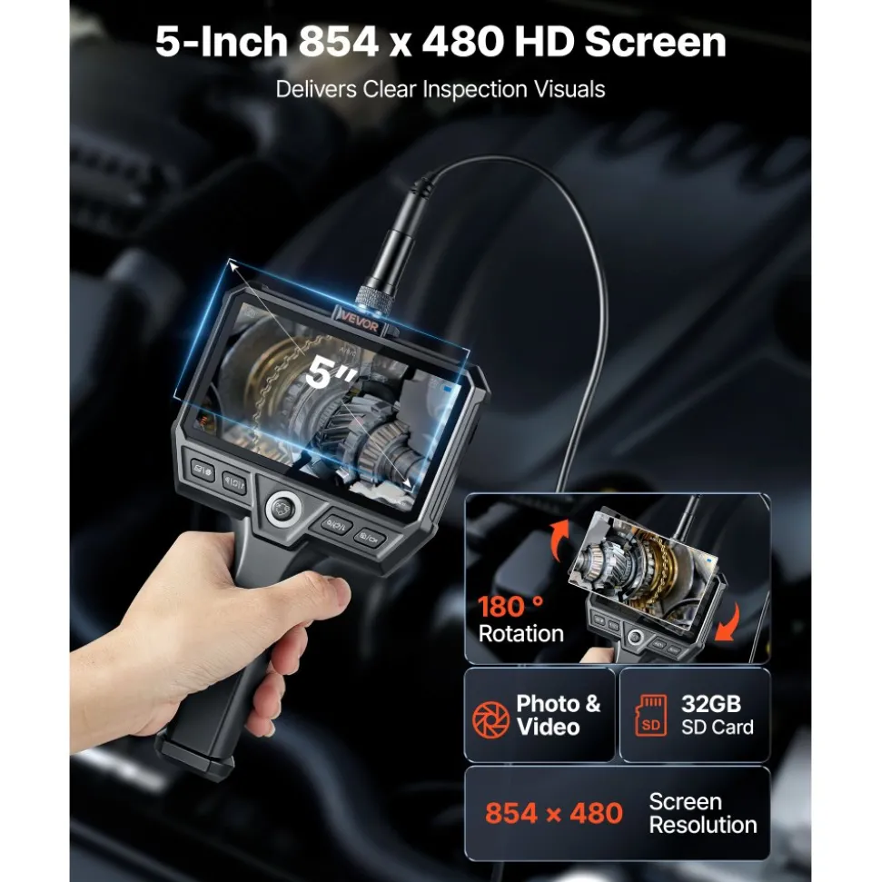 VEVOR Triple Lens Endoscope with Light, 5" HD IPS Screen Industrial Borescope, 1280 x 720 Lens, 8 + 2 LEDs, 8X Zoom, IP67 Waterproof Inspection Snake Camera for Auto, Plumbing (16.4FT Rigid Cable)