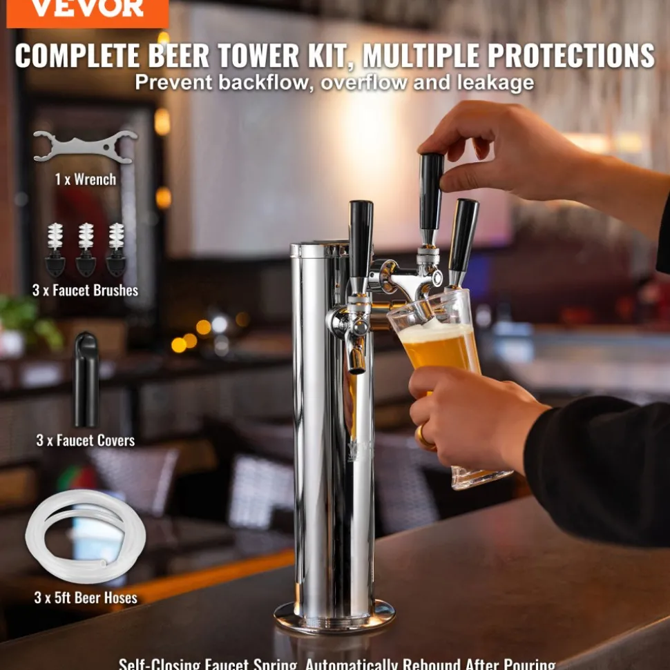 VEVOR Triple Taps Draft Beer Tower Dispenser, Stainless Steel Keg Beer Tower, Kegerator Tower Kit with Pre-Assembled Tubing and Self-Closing Faucet Shanks for Party, Bar, Pub, Restaurant