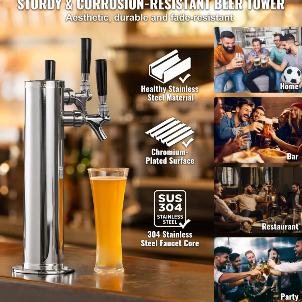 VEVOR Triple Taps Draft Beer Tower Dispenser, Stainless Steel Keg Beer Tower, Kegerator Tower Kit with Pre-Assembled Tubing and Self-Closing Faucet Shanks for Party, Bar, Pub, Restaurant