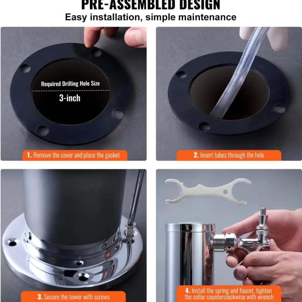 VEVOR Triple Taps Draft Beer Tower Dispenser, Stainless Steel Keg Beer Tower, Kegerator Tower Kit with Pre-Assembled Tubing and Self-Closing Faucet Shanks for Party, Bar, Pub, Restaurant