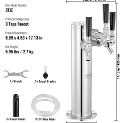 VEVOR Triple Taps Draft Beer Tower Dispenser, Stainless Steel Keg Beer Tower, Kegerator Tower Kit with Pre-Assembled Tubing and Self-Closing Faucet Shanks for Party, Bar, Pub, Restaurant