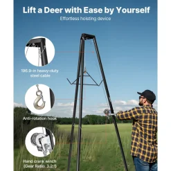 VEVOR Tripod Deer Hoist, 500 lbs Load Capacity, Hunting Game Hoist Winch Lift with Gambrel & Manual Winch, Hunting Game Skinning and Cleaning Accessory for Cleaning, Skinning, and Moving, Black