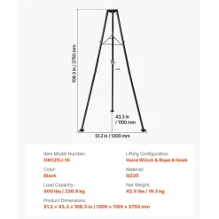 VEVOR Tripod Deer Hoist, 500 lbs Load Capacity, Hunting Game Hoist Winch Lift with Gambrel & Manual Winch, Hunting Game Skinning and Cleaning Accessory for Cleaning, Skinning, and Moving, Black