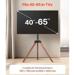 VEVOR Tripod Easel TV Stand, for 40-65 inch Flat Screen/Curved TVs Up to 99 lbs, 18° Left-Right Rotation Portable TV Stand with Oak Wood Legs, for Bedroom, Living Room, Studio, MAX VESA 600 x 400 mm