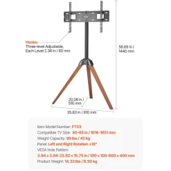 VEVOR Tripod Easel TV Stand, for 40-65 inch Flat Screen/Curved TVs Up to 99 lbs, 18° Left-Right Rotation Portable TV Stand with Oak Wood Legs, for Bedroom, Living Room, Studio, MAX VESA 600 x 400 mm
