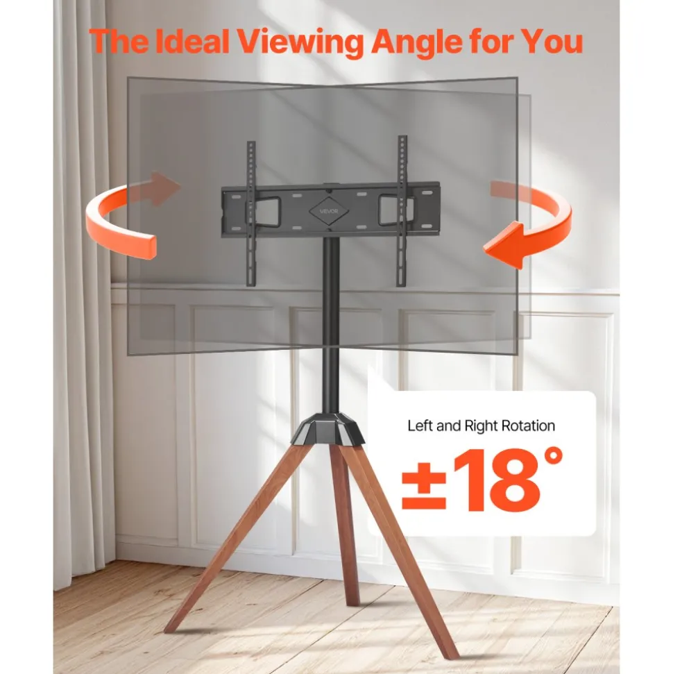 VEVOR Tripod Easel TV Stand, for 40-65 inch Flat Screen/Curved TVs Up to 99 lbs, 18° Left-Right Rotation Portable TV Stand with Oak Wood Legs, for Bedroom, Living Room, Studio, MAX VESA 600 x 400 mm