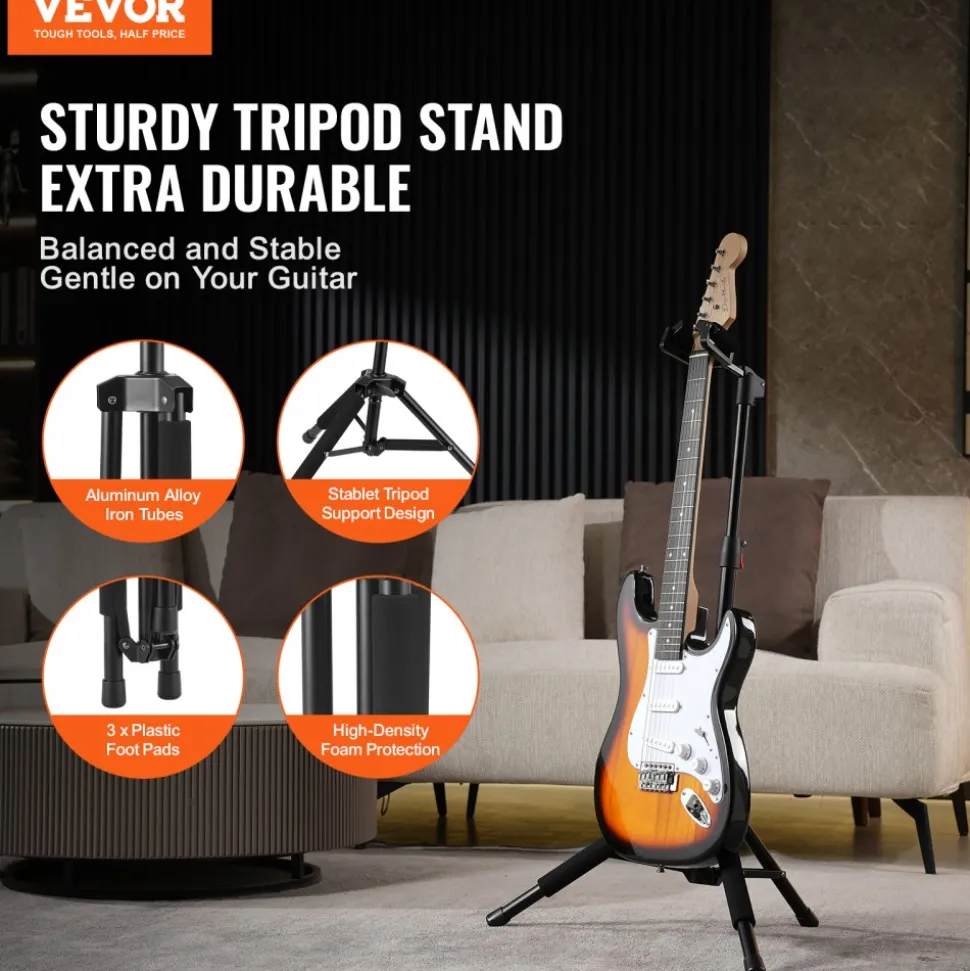 VEVOR Tripod Guitar Stand, 33 lbs/15 kg Load Capacity, Floor-Standing Foldable Guitar Stand Display Rack with 35.4-47.2 in/900-1200 mm Adjustable Height, for Guitar Acoustic Electric Classical Bass