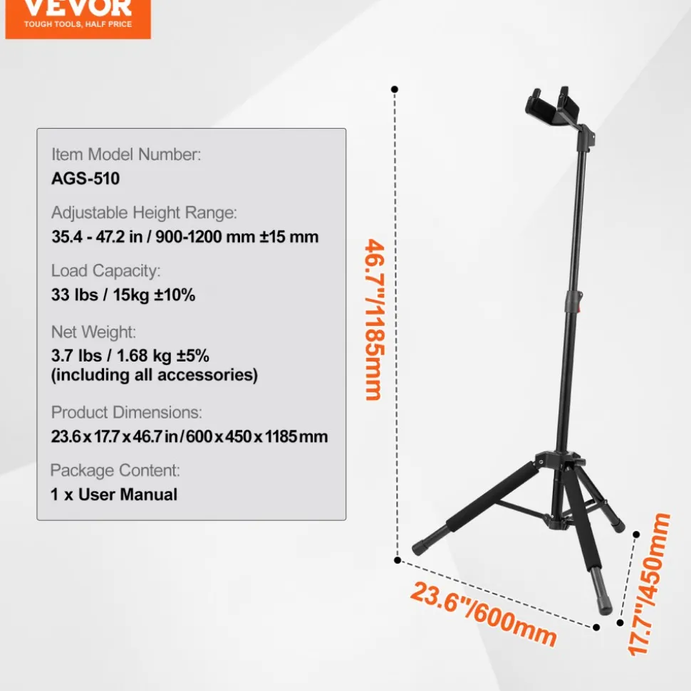 VEVOR Tripod Guitar Stand, 33 lbs/15 kg Load Capacity, Floor-Standing Foldable Guitar Stand Display Rack with 35.4-47.2 in/900-1200 mm Adjustable Height, for Guitar Acoustic Electric Classical Bass