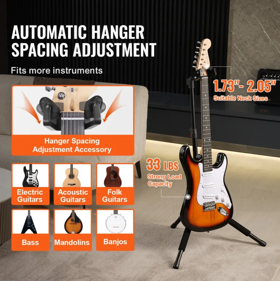 VEVOR Tripod Guitar Stand, 33 lbs/15 kg Load Capacity, Floor-Standing Foldable Guitar Stand Display Rack with 35.4-47.2 in/900-1200 mm Adjustable Height, for Guitar Acoustic Electric Classical Bass