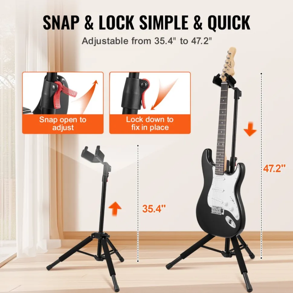 VEVOR Tripod Guitar Stand, 33 lbs/15 kg Load Capacity, Floor-Standing Foldable Guitar Stand Display Rack with 35.4-47.2 in/900-1200 mm Adjustable Height, for Guitar Acoustic Electric Classical Bass