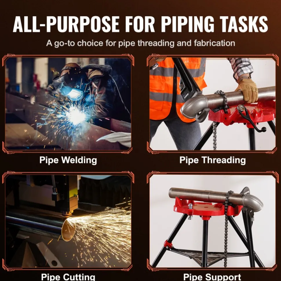 VEVOR 460-6 Tripod Pipe Chain Vise 1/8"-6" Capacity, Pipe Stand Portable Foldable Steel Legs, Pipe Stands with Tool Tray, Tripod Stand Chain Vise Ideal for a Variety of Pipe Materials
