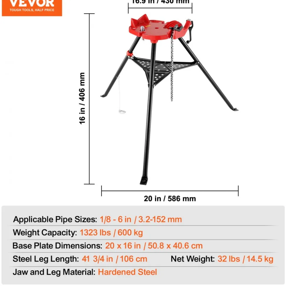 VEVOR 460-6 Tripod Pipe Chain Vise 1/8"-6" Capacity, Pipe Stand Portable Foldable Steel Legs, Pipe Stands with Tool Tray, Tripod Stand Chain Vise Ideal for a Variety of Pipe Materials