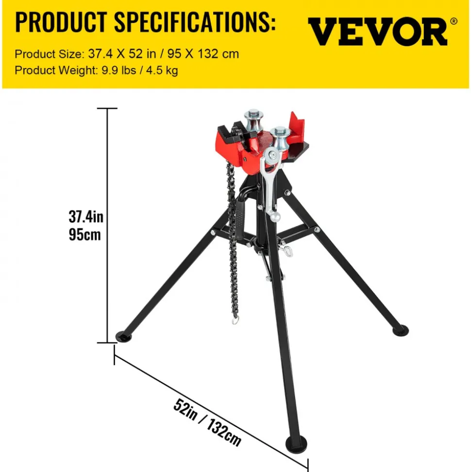 VEVOR Tripod Pipe Chain Vise, 1/8"-5" Pipe Capacity, 36.4“ Length Chain Vise Stand with Portable Folding Steel Legs, for Grabbing, Supporting and Bending Pipes in Factory, Workshop and Home