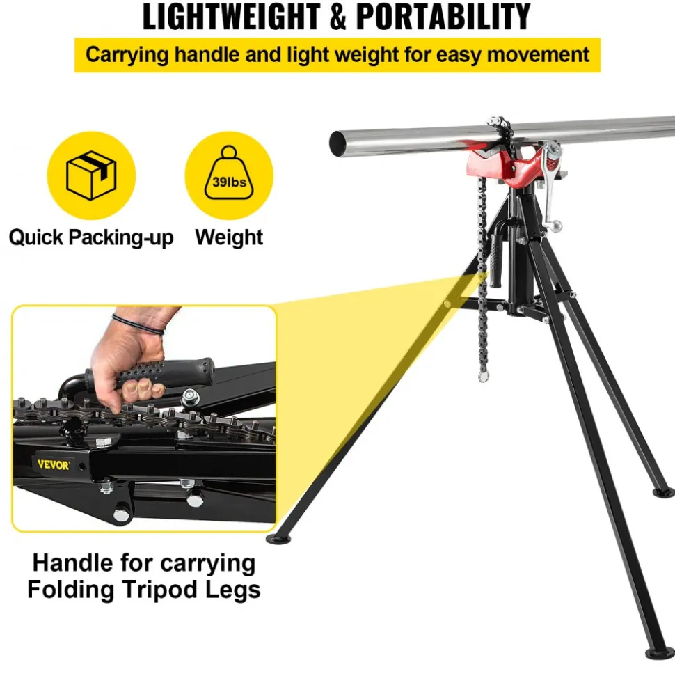 VEVOR Tripod Pipe Chain Vise, 1/8"-5" Pipe Capacity, 36.4“ Length Chain Vise Stand with Portable Folding Steel Legs, for Grabbing, Supporting and Bending Pipes in Factory, Workshop and Home
