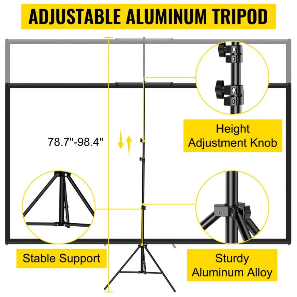 VEVOR Tripod Projector Screen with Stand 70 inch 16:9 4K HD Projection Screen Stand Wrinkle-Free Height Adjustable Portable Screen for Projector Indoor & Outdoor for Movie, Home Cinema, Gaming, Office