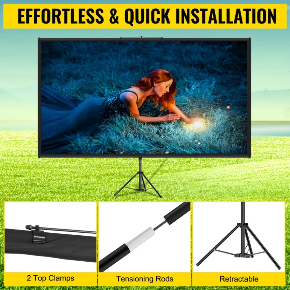 VEVOR Tripod Projector Screen with Stand 70 inch 16:9 4K HD Projection Screen Stand Wrinkle-Free Height Adjustable Portable Screen for Projector Indoor & Outdoor for Movie, Home Cinema, Gaming, Office