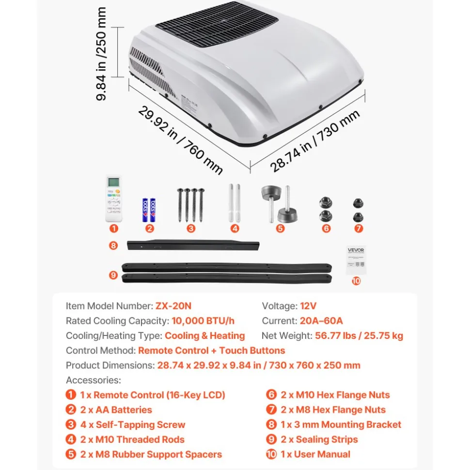 VEVOR Truck Air Conditioner, 12V 10000 BTU RV Rooftop AC Unit, 350 m³/h Airflow, Cooling & Heating 2 in 1 Function Cab Air Conditioner, Quiet A/C Unit for Semi Truck Trailer Motorhome Tractor Caravan