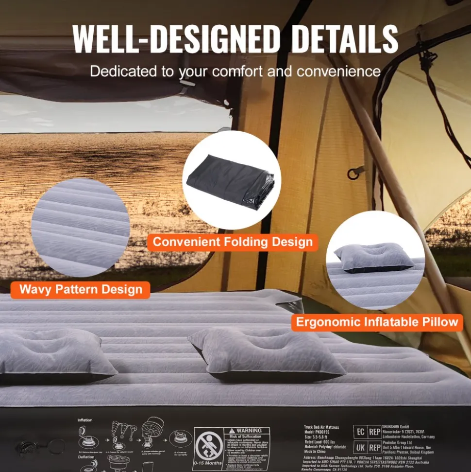 VEVOR Truck Bed Air Mattress, for 5.5-5.8 ft Full Size Short Truck Beds, Inflatable Air Mattress Camping Bed with 12V Air Pump 2 Pillows, Carry Bag, for Silverado, RAM, F Series, Sierra, Titan, Tundra
