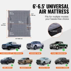 VEVOR Truck Bed Air Mattress, for 6-6.5 ft Full Size Truck Beds, Inflatable Air Mattress Camping Bed with 12V Air Pump 2 Pillows, Carry Bag, for Chevrolet Silverado, Dodge Ram, Ford 150/250/350
