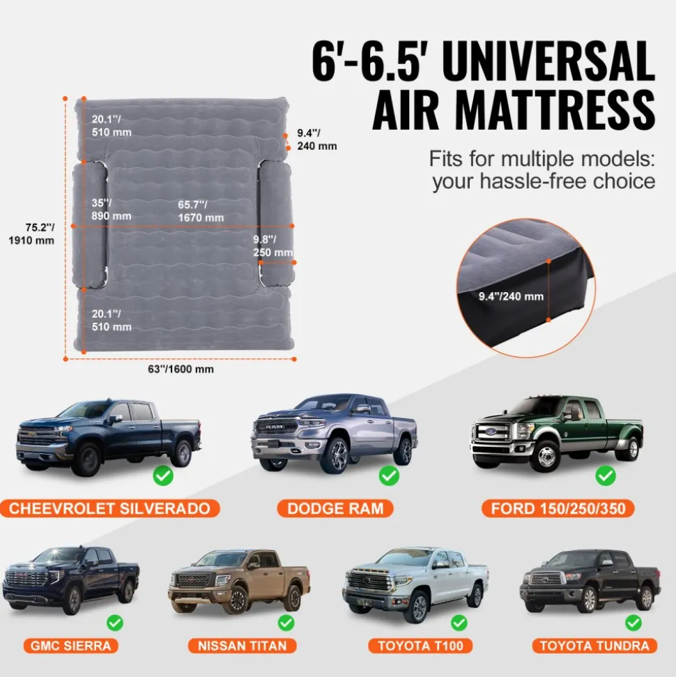 VEVOR Truck Bed Air Mattress, for 6-6.5 ft Full Size Truck Beds, Inflatable Air Mattress Camping Bed with 12V Air Pump 2 Pillows, Carry Bag, for Chevrolet Silverado, Dodge Ram, Ford 150/250/350