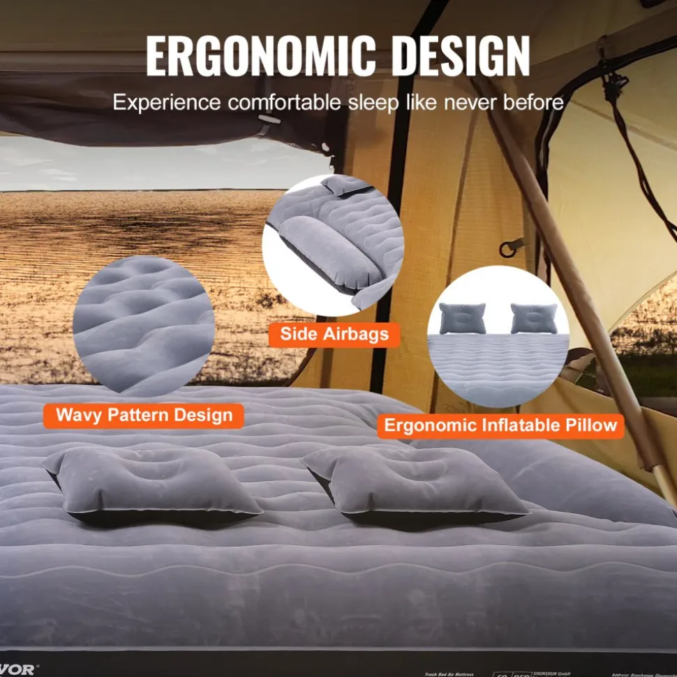 VEVOR Truck Bed Air Mattress, for 6-6.5 ft Full Size Truck Beds, Inflatable Air Mattress Camping Bed with 12V Air Pump 2 Pillows, Carry Bag, for Chevrolet Silverado, Dodge Ram, Ford 150/250/350