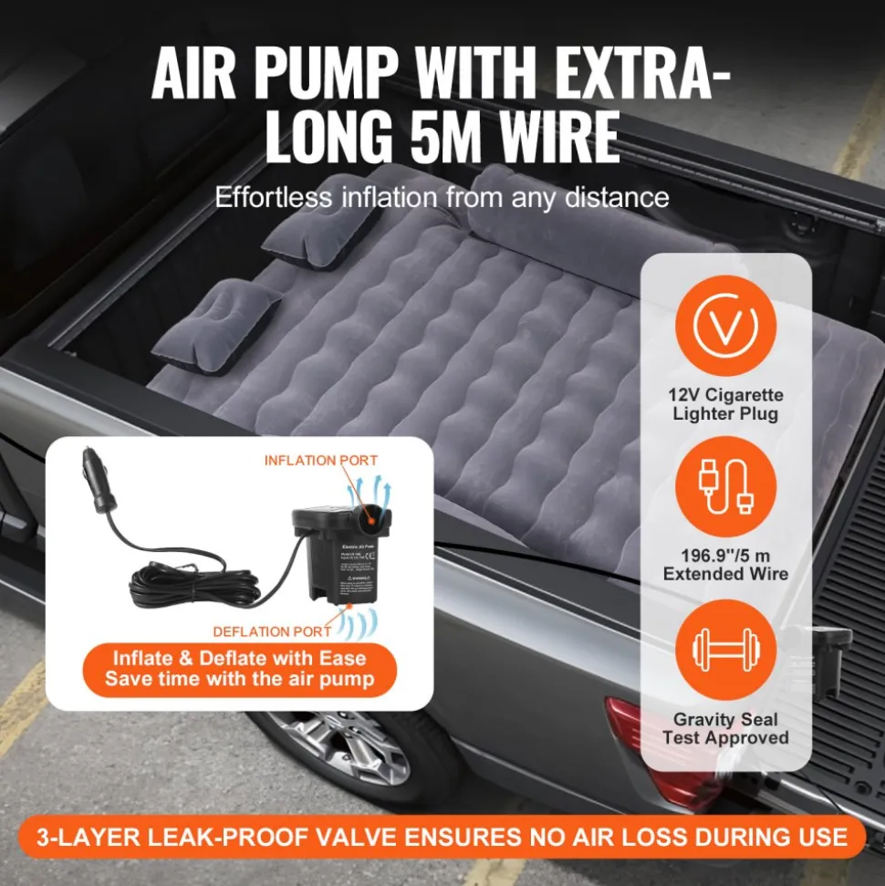 VEVOR Truck Bed Air Mattress, for 6-6.5 ft Full Size Truck Beds, Inflatable Air Mattress Camping Bed with 12V Air Pump 2 Pillows, Carry Bag, for Chevrolet Silverado, Dodge Ram, Ford 150/250/350