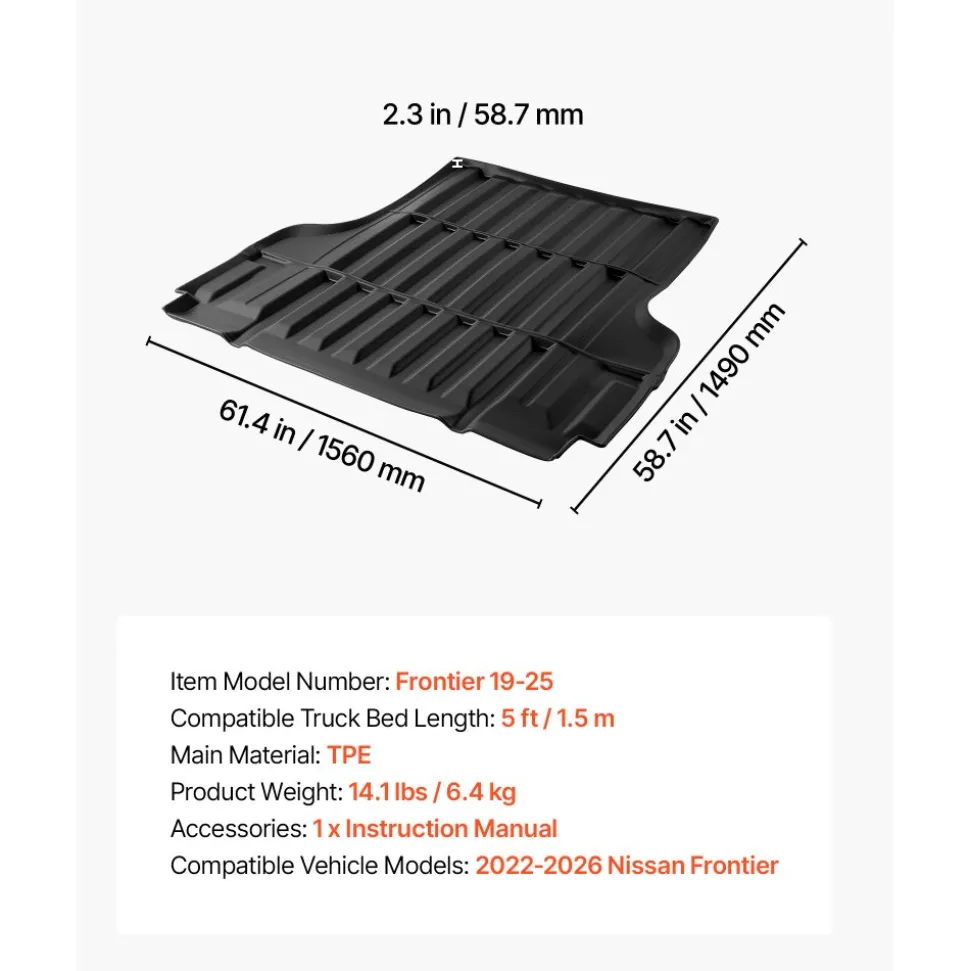 VEVOR Truck Bed Mat, TPE, Compatible with 2022-2026 Nissan Frontier Bed, Heavy Duty Custom Fit, All Weather Protection Pickup Car Trunk Liner Replacement, for 2022-2026 Nissan Frontier Accessories