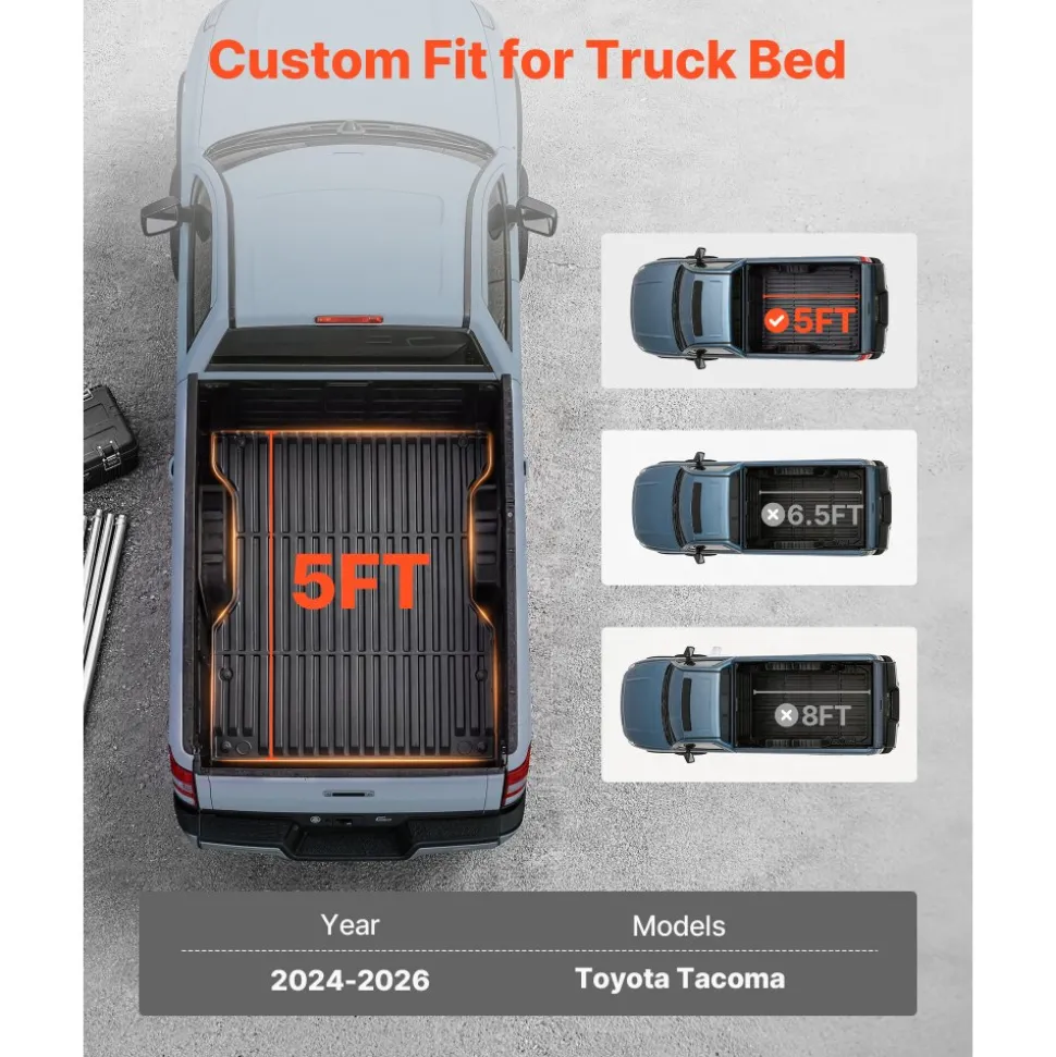 VEVOR Truck Bed Mat, TPE, Compatible with 2024-2026 Toyota Tacoma Bed, Heavy Duty Custom Fit, All Weather Protection Pickup Car Cargo Trunk Liner Replacement, for 2024-2026 Toyota Tacoma Accessories