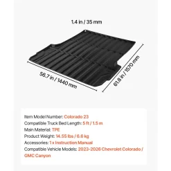 VEVOR Truck Bed Mat, TPE, Fit for 2023-2026 Chevy Colorado&GMC Canyon 5FT Bed, Heavy Duty Custom Fit, All Weather Protection Trunk Liner, for 23-26 Chevrolet Colorado/GMC Canyon Pickup Accessories