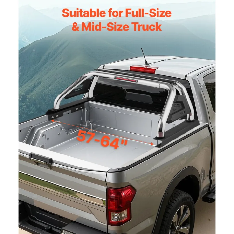VEVOR Truck Bed Roll Bar, Universal Adjustable Sport Bar Chase Rack Compatible with Full-Size & Mid-Size Pickup, With LED Brake Light, Stainless Steel + Carbon Steel No Rack Included