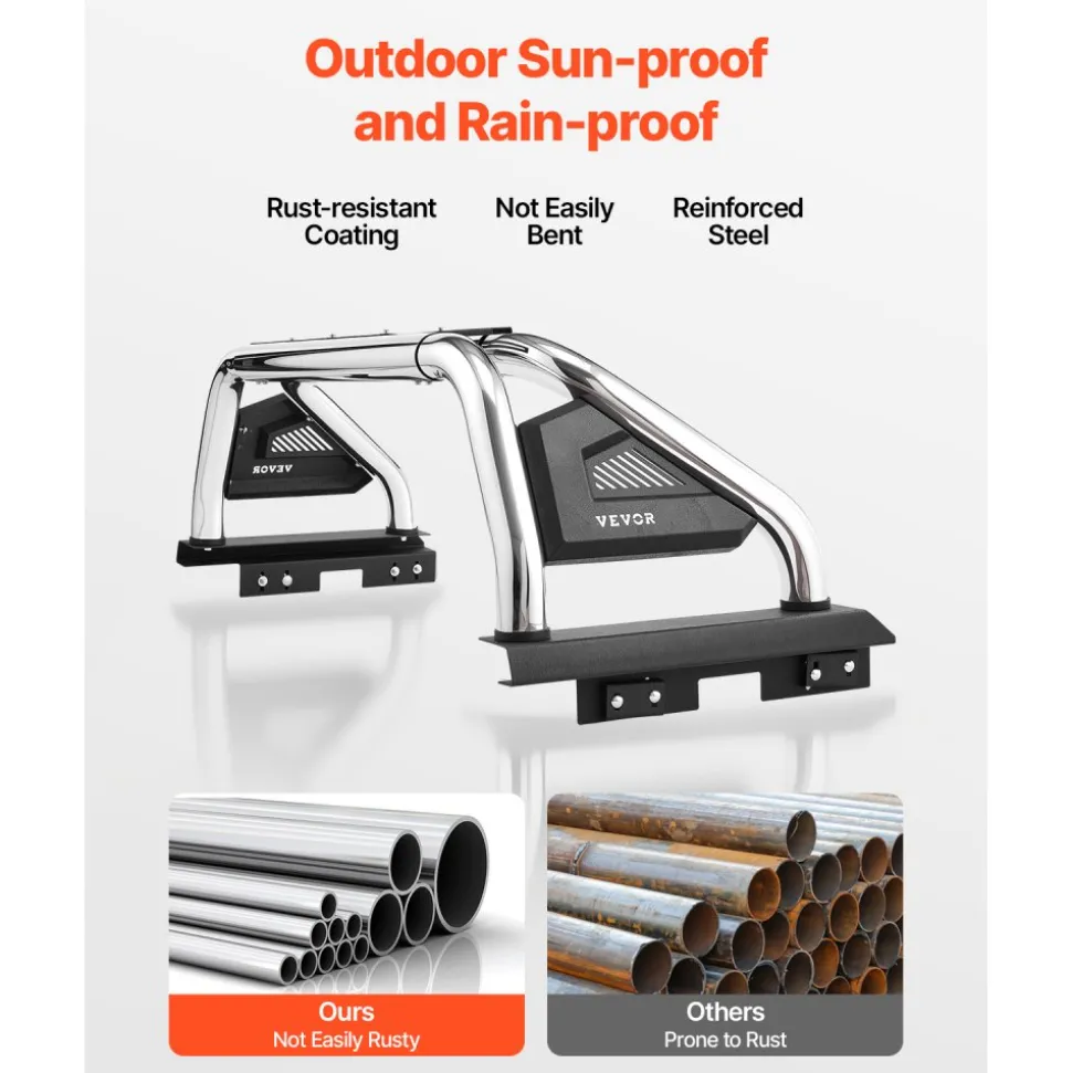 VEVOR Truck Bed Roll Bar, Universal Adjustable Sport Bar Chase Rack Compatible with Full-Size & Mid-Size Pickup, With LED Brake Light, Stainless Steel + Carbon Steel No Rack Included