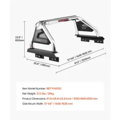 VEVOR Truck Bed Roll Bar, Universal Adjustable Sport Bar Chase Rack Compatible with Full-Size & Mid-Size Pickup, With LED Brake Light, Stainless Steel + Carbon Steel No Rack Included