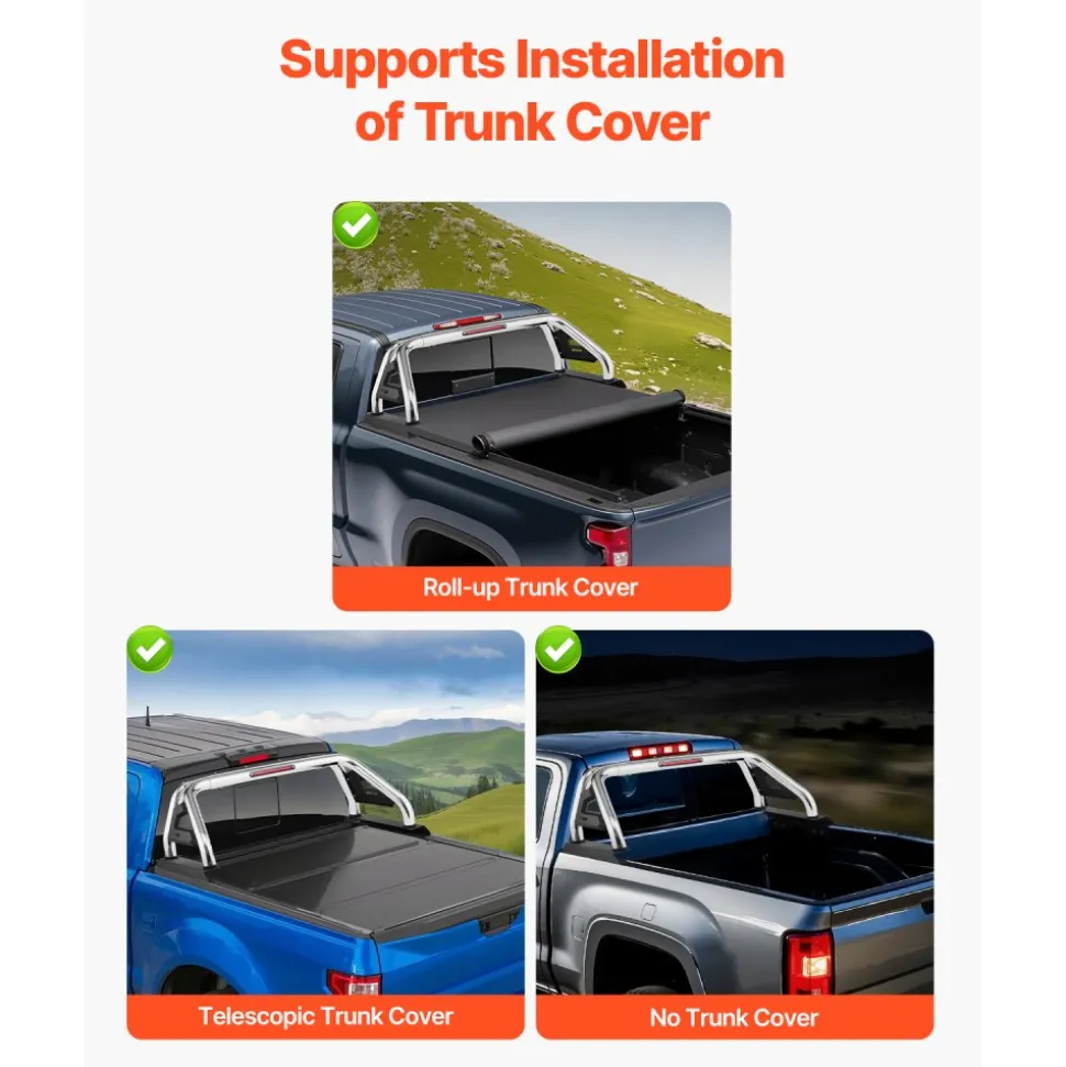 VEVOR Truck Bed Roll Bar, Universal Adjustable Sport Bar Chase Rack Compatible with Full-Size & Mid-Size Pickup, With LED Brake Light, Stainless Steel + Carbon Steel No Rack Included