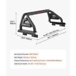VEVOR Truck Bed Roll Bar, Universal Adjustable Sport Bar Chase Rack, with Luggage Rack for Full-Size Pickup, Carbon Steel Construction with Extension Light Bracket, Rust-resistant Coating