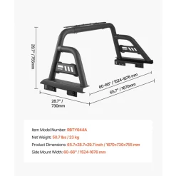 VEVOR Truck Bed Roll Bar, Universal Pickup Sport Adjustable Bar Chase Rack Compatible with Full-Size Truck, Carbon Steel Construction with Extension Light Bracket, No Rack Included