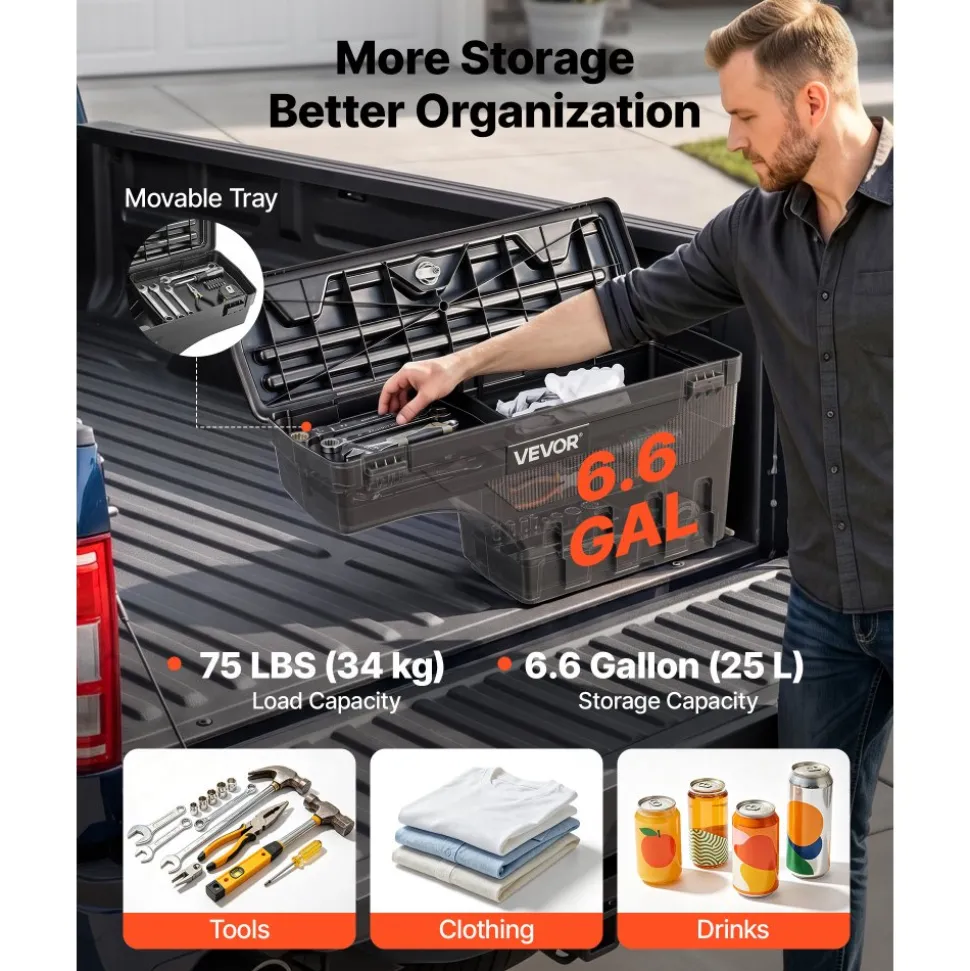 VEVOR Truck Bed Storage Box, 6.6 Gal/25L Waterproof ABS Wheel Well Tool Box, Anti-Theft Lock, Compatible with 2020-2025 Chevy/GMC Silverado/Sierra 2500/3500HD, Passenger Side Right (Drilling Required)