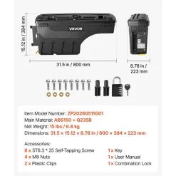 VEVOR Truck Bed Storage Box, 6.6 Gal/25 L Waterproof ABS Wheel Well Tool Box with Anti-Theft Combination Lock, Compatible with 2002-2018 Dodge Ram 1500 2500 3500, Driver Side Left (Drilling Required)